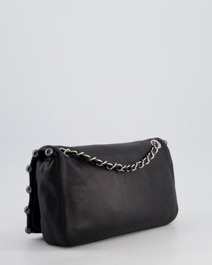 Chanel Black Pearl Obsession Lambskin Small Single Flap Bag with Pearl Logo and Trim Details and Silver Hardware