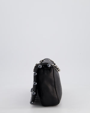Chanel Black Pearl Obsession Lambskin Small Single Flap Bag with Pearl Logo and Trim Details and Silver Hardware