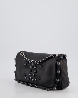 Chanel Black Pearl Obsession Lambskin Small Single Flap Bag with Pearl Logo and Trim Details and Silver Hardware