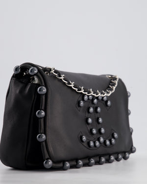 Chanel Black Pearl Obsession Lambskin Small Single Flap Bag with Pearl Logo and Trim Details and Silver Hardware