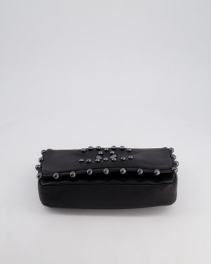 Chanel Black Pearl Obsession Lambskin Small Single Flap Bag with Pearl Logo and Trim Details and Silver Hardware