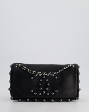 Chanel Black Pearl Obsession Lambskin Small Single Flap Bag with Pearl Logo and Trim Details and Silver Hardware