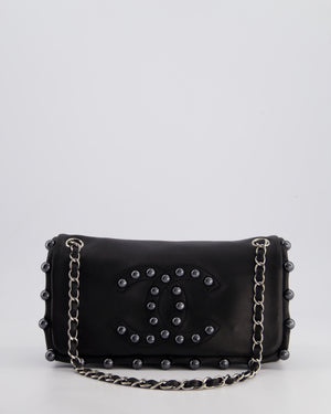 Chanel Black Pearl Obsession Lambskin Small Single Flap Bag with Pearl Logo and Trim Details and Silver Hardware
