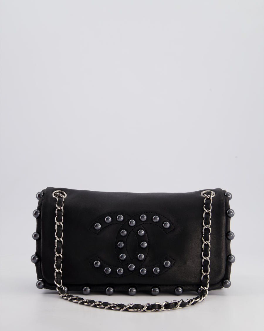 Chanel Black Pearl Obsession Lambskin Small Single Flap Bag with Pearl Logo and Trim Details and Silver Hardware
