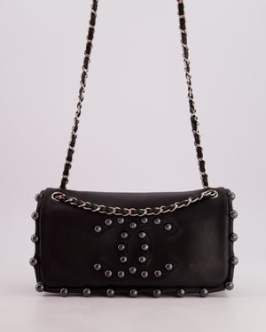 Chanel Black Pearl Obsession Lambskin Small Single Flap Bag with Pearl Logo and Trim Details and Silver Hardware