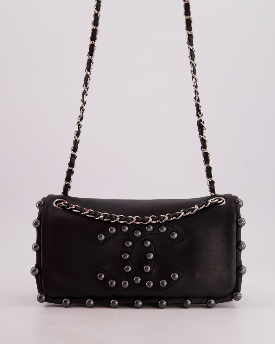 Chanel Black Pearl Obsession Lambskin Small Single Flap Bag with Pearl Logo and Trim Details and Silver Hardware