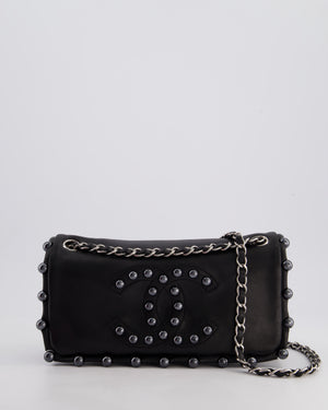 Chanel Black Pearl Obsession Lambskin Small Single Flap Bag with Pearl Logo and Trim Details and Silver Hardware