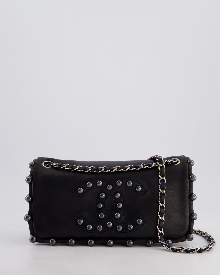 Chanel Black Pearl Obsession Lambskin Small Single Flap Bag with Pearl Logo and Trim Details and Silver Hardware
