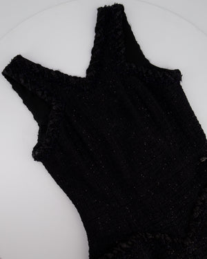 Chanel 15/P Black Sleeveless Glitter Tweed A-Line Midi Dress with Woven Tweed Trim Detail FR 36 (UK 8)