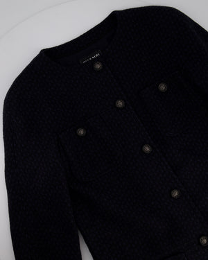 Chanel Black and Navy Tweed 3/4 Sleeve Dress with Pockets and Gunmetal Lion Button Details FR 36 (UK 8)