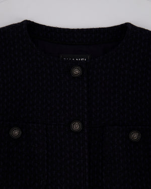Chanel Black and Navy Tweed 3/4 Sleeve Dress with Pockets and Gunmetal Lion Button Details FR 36 (UK 8)