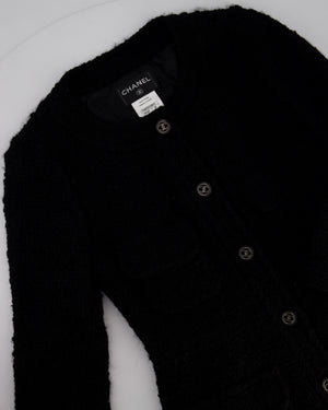 Chanel Black Tweed 3/4 Sleeve Dress with Covered Pockets and Black and Gunmetal CC Logo Button Details FR 36 (UK 8)