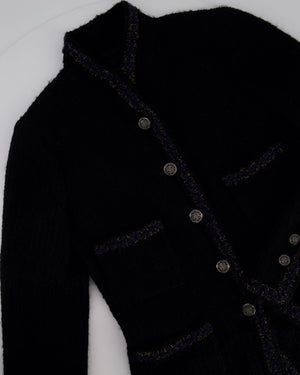 Chanel 10/A Black Collarless Long Sleeve Tweed Jacket with Navy Trim and Silver Button Details Size FR 36 (UK 8)