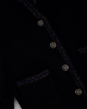 Chanel 10/A Black Collarless Long Sleeve Tweed Jacket with Navy Trim and Silver Button Details Size FR 36 (UK 8)