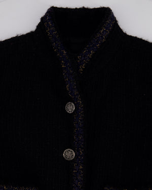 Chanel 10/A Black Collarless Long Sleeve Tweed Jacket with Navy Trim and Silver Button Details Size FR 36 (UK 8)