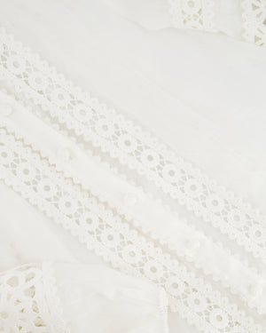 Zimmermann White Ramie Blouse with Puff Sleeves and Lace Detail Size UK 8