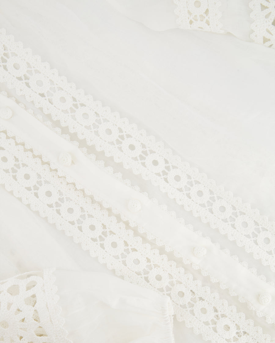 Zimmermann White Ramie Blouse with Puff Sleeves and Lace Detail Size UK 8