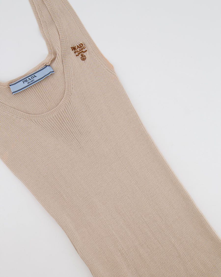 Prada Beige Knitted Silk Organza Midi Dress with Logo Print Size IT 36 (UK 4)