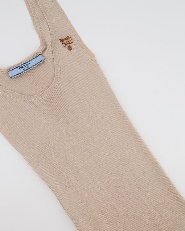 Prada Beige Knitted Silk Organza Midi Dress with Logo Print Size IT 36 (UK 4)