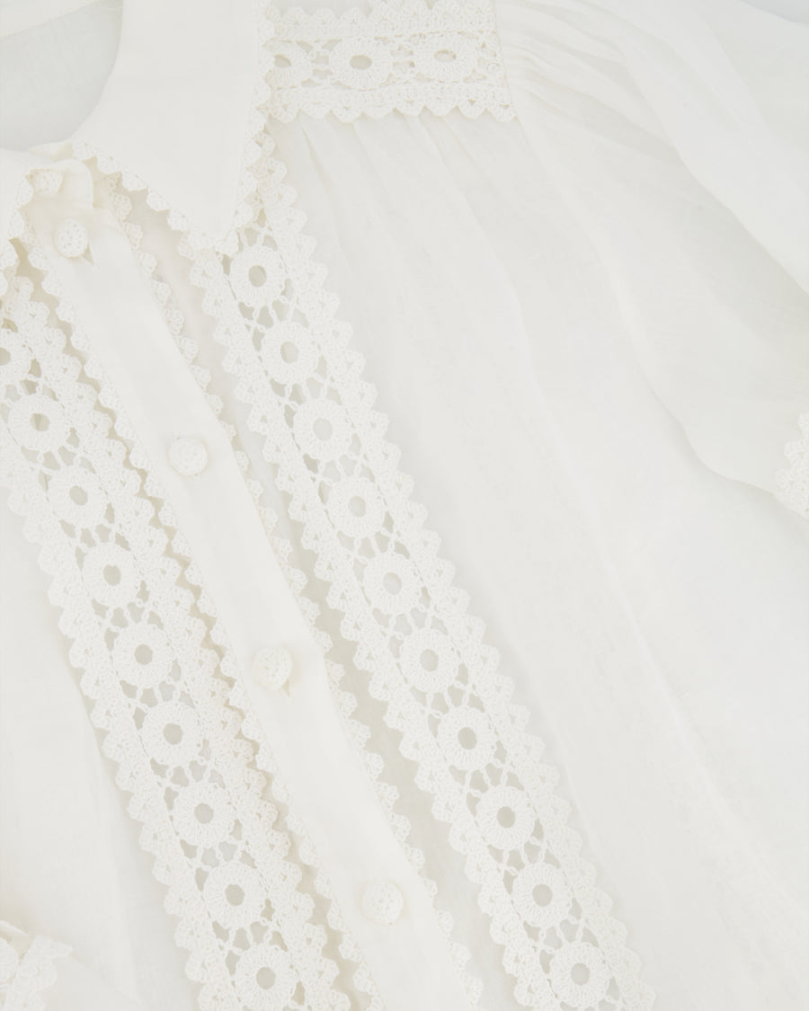 Zimmermann White Ramie Blouse with Puff Sleeves and Lace Detail Size UK 8