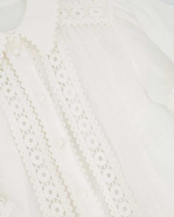 Zimmermann White Ramie Blouse with Puff Sleeves and Lace Detail Size UK 8