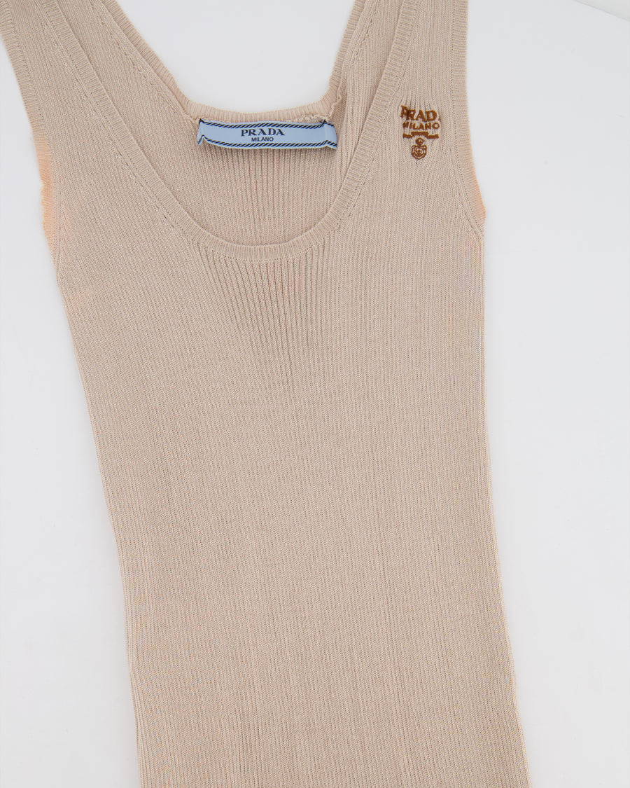 Prada Beige Knitted Silk Organza Midi Dress with Logo Print Size IT 36 (UK 4)