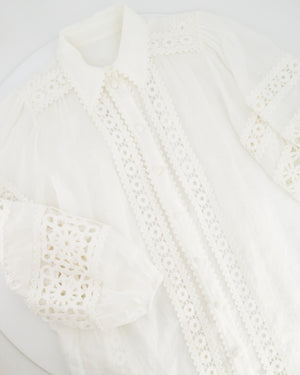 Zimmermann White Ramie Blouse with Puff Sleeves and Lace Detail Size UK 8