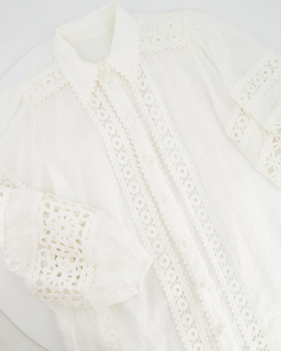 Zimmermann White Ramie Blouse with Puff Sleeves and Lace Detail Size UK 8