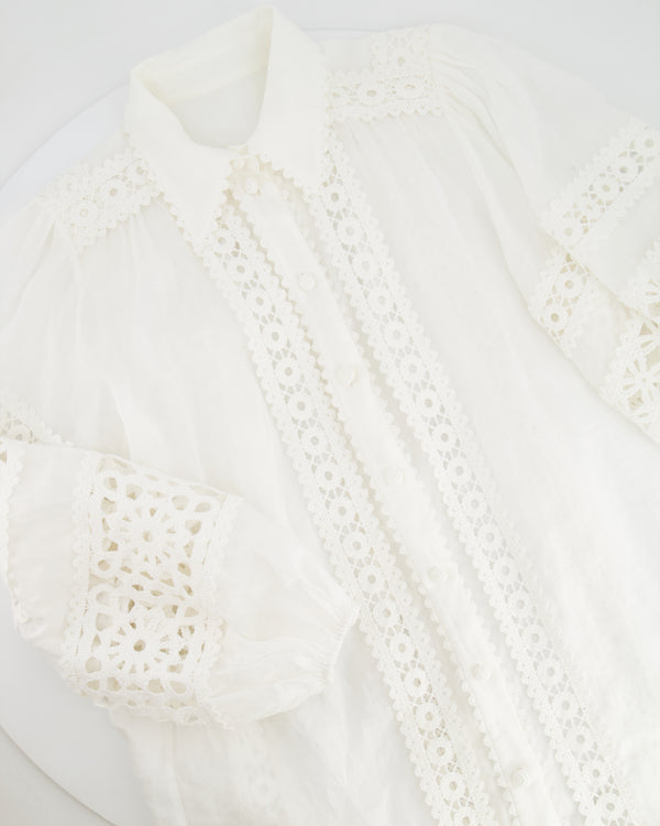 Zimmermann White Ramie Blouse with Puff Sleeves and Lace Detail Size UK 8
