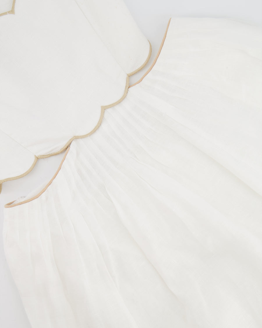Zimmermann White Devi Linen Midi Dress with Cutout Detail and Beige Trim Detail Size US 0 (UK 8)
