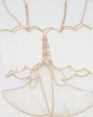 Zimmermann White Devi Linen Midi Dress with Cutout Detail and Beige Trim Detail Size US 0 (UK 8)