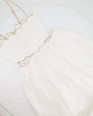 Zimmermann White Devi Linen Midi Dress with Cutout Detail and Beige Trim Detail Size US 0 (UK 8)