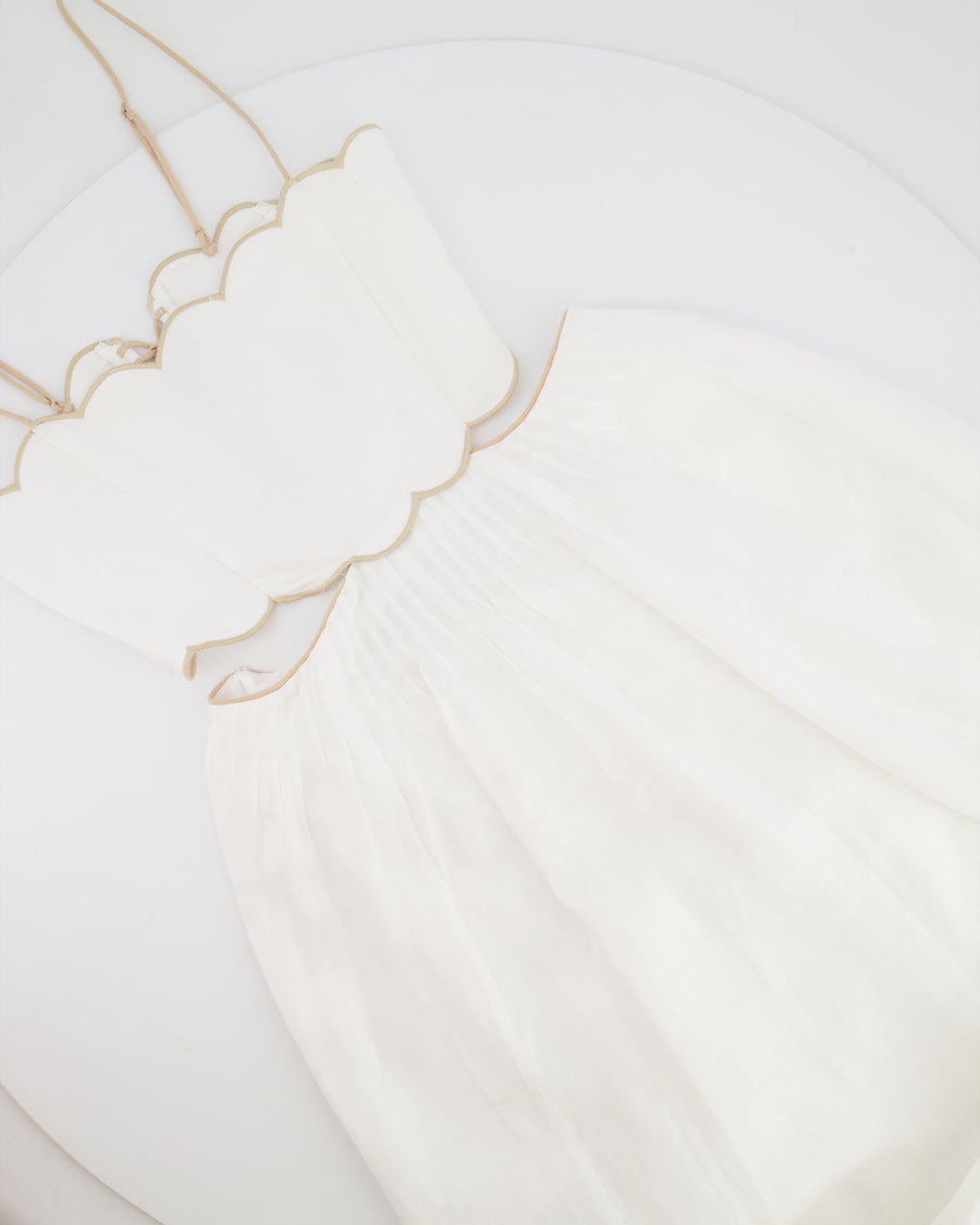 Zimmermann White Devi Linen Midi Dress with Cutout Detail and Beige Trim Detail Size US 0 (UK 8)