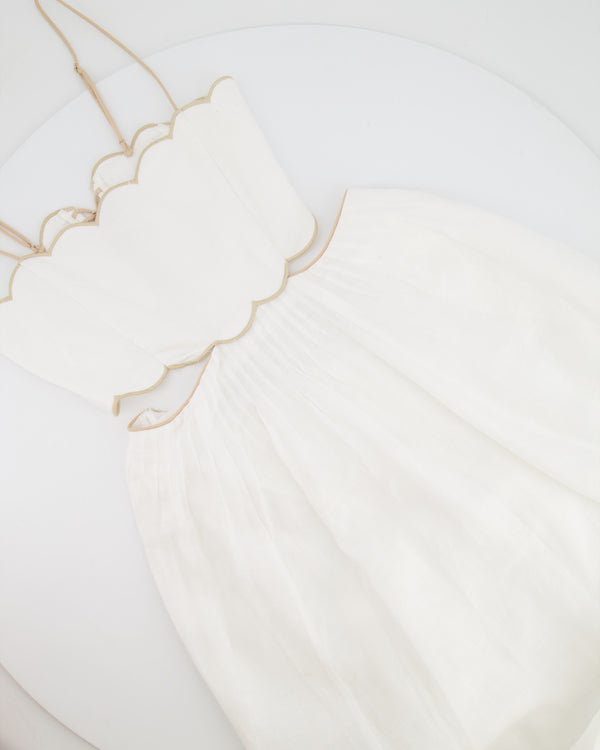 Zimmermann White Devi Linen Midi Dress with Cutout Detail and Beige Trim Detail Size US 0 (UK 8)