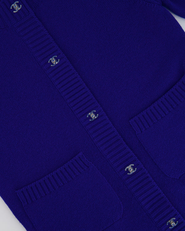 Chanel Cobalt Blue Cashmere Long Cardigan with Silver CC Logo Buttons Size FR 34 (UK 6)
