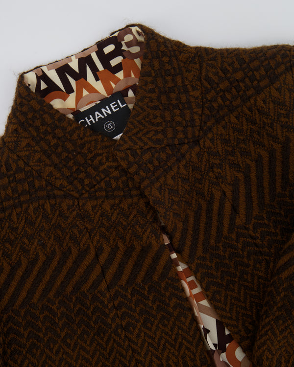 Chanel Brown Wool Jacket with Interior Silk Logo Prints Size FR 34 (UK 6)