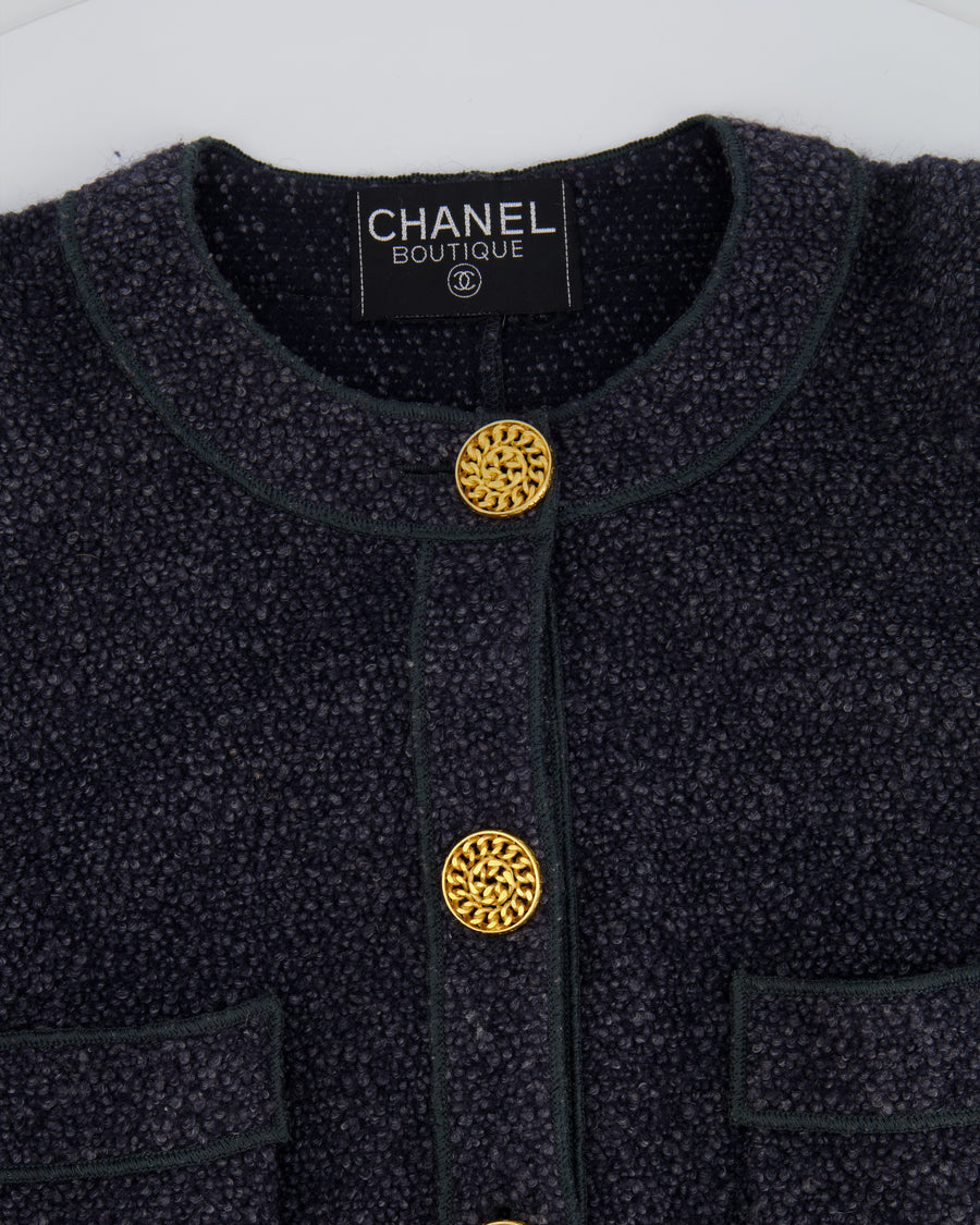 Chanel Vintage Navy Blue Tweed Jacket with Gold Chain Buttons Size FR 36 (UK 8)