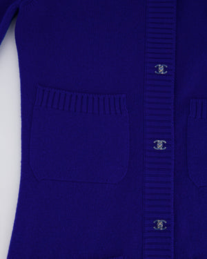 Chanel Cobalt Blue Cashmere Long Cardigan with Silver CC Logo Buttons Size FR 34 (UK 6)