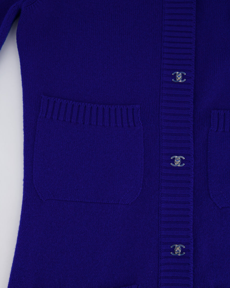 Chanel Cobalt Blue Cashmere Long Cardigan with Silver CC Logo Buttons Size FR 34 (UK 6)