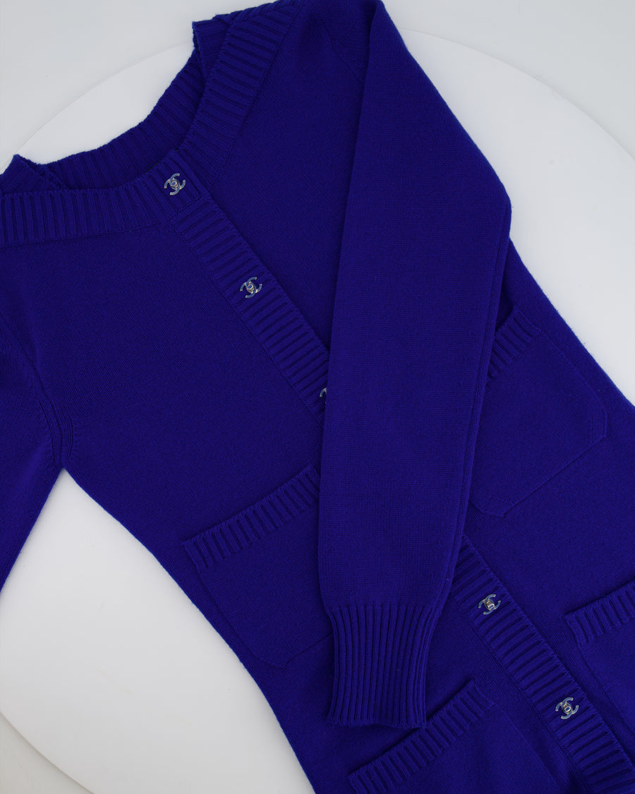 Chanel Cobalt Blue Cashmere Long Cardigan with Silver CC Logo Buttons Size FR 34 (UK 6)
