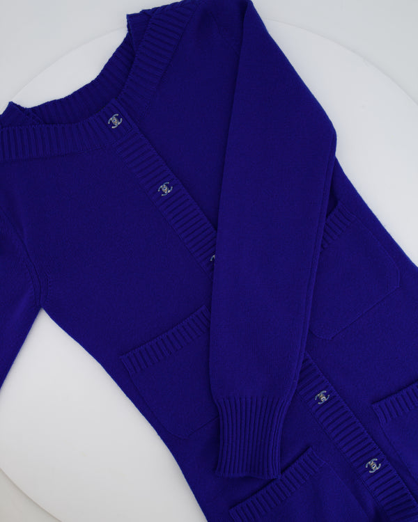 Chanel Cobalt Blue Cashmere Long Cardigan with Silver CC Logo Buttons Size FR 34 (UK 6)