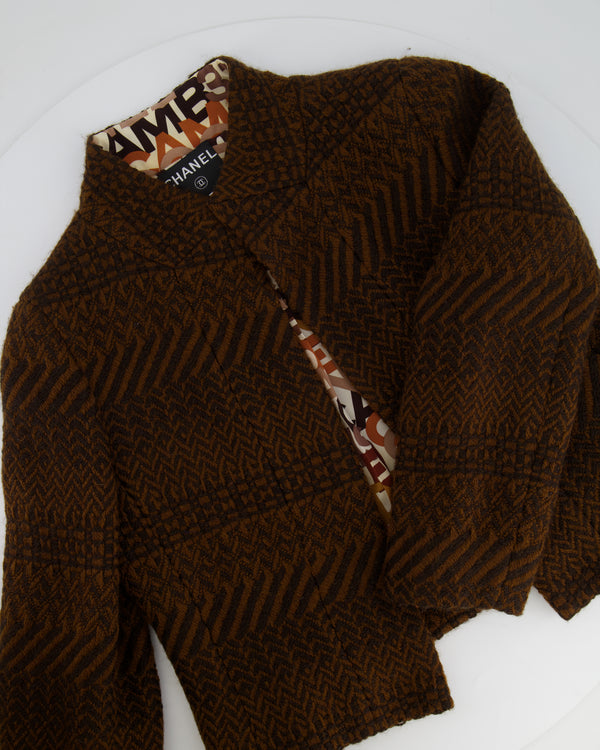 Chanel Brown Wool Jacket with Interior Silk Logo Prints Size FR 34 (UK 6)