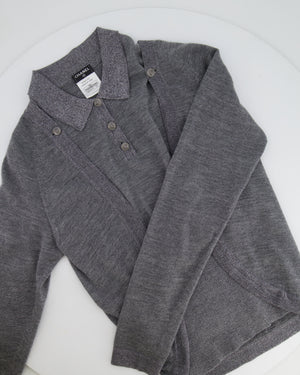 Chanel 08A Grey Two Piece Cashmere Detachable Top and Cardigan Set with Silver Metallic Details Size FR 40 (UK 12)