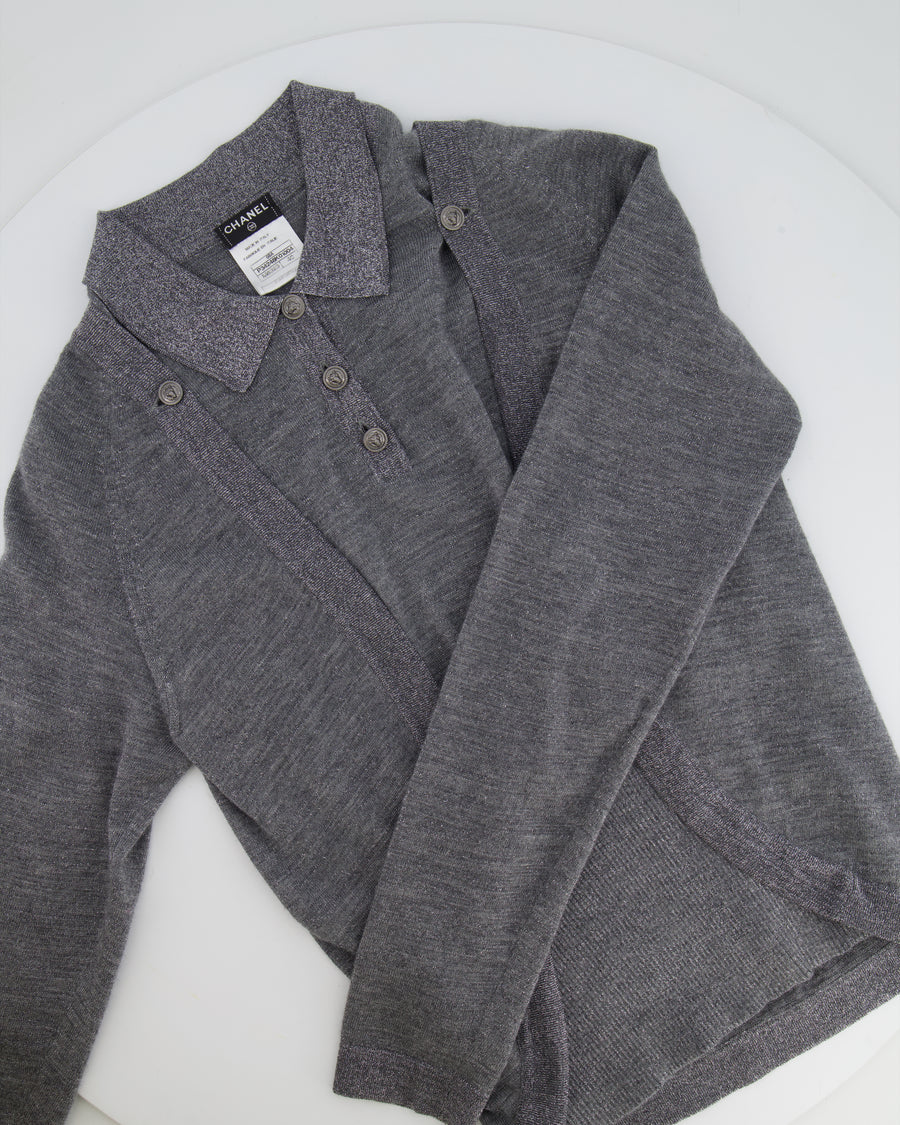 Chanel 08A Grey Two Piece Cashmere Detachable Top and Cardigan Set with Silver Metallic Details Size FR 40 (UK 12)