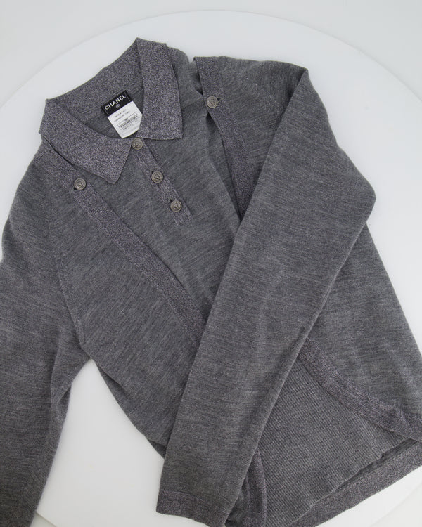 Chanel 08A Grey Two Piece Cashmere Detachable Top and Cardigan Set with Silver Metallic Details Size FR 40 (UK 12)