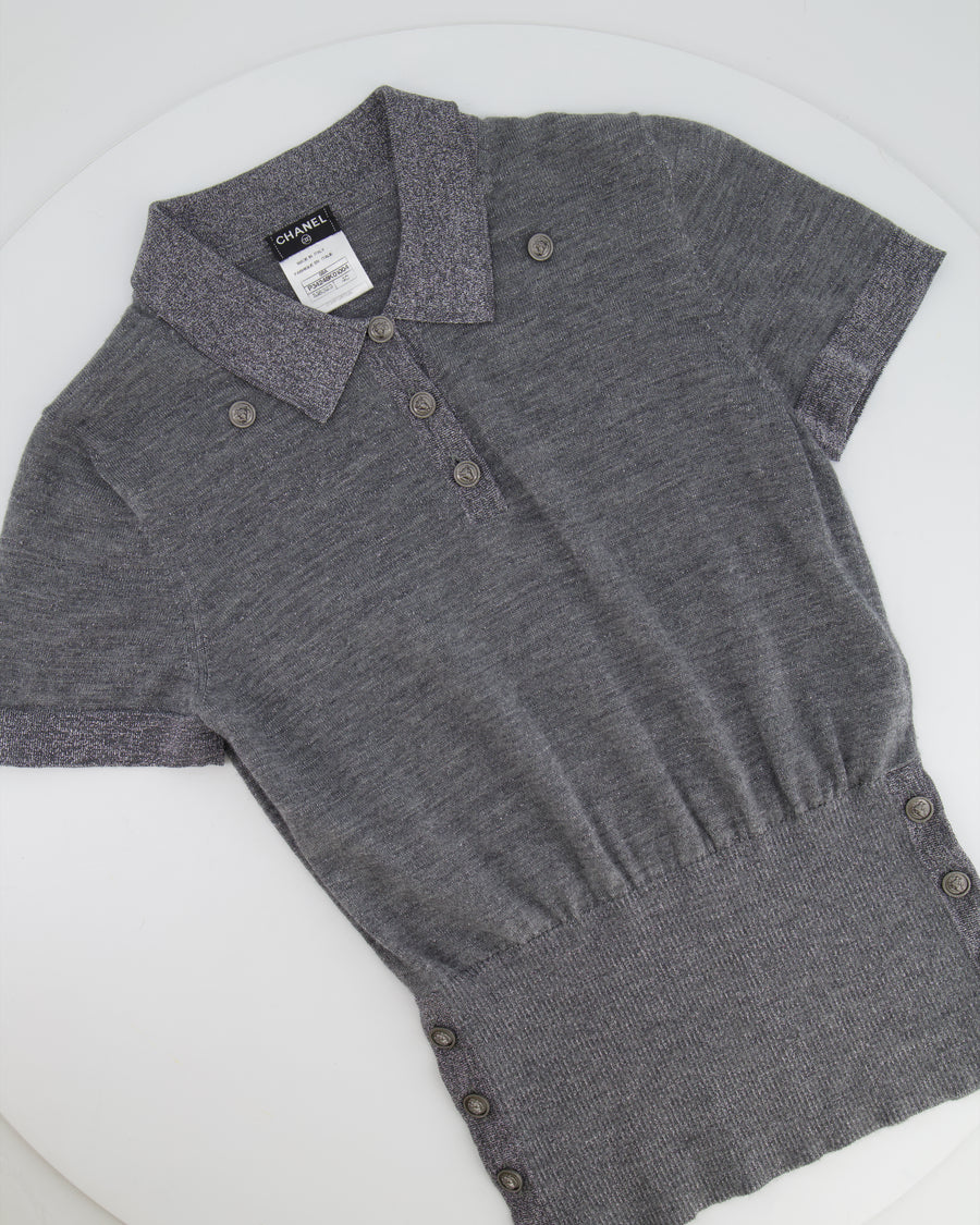 Chanel 08A Grey Two Piece Cashmere Detachable Top and Cardigan Set with Silver Metallic Details Size FR 40 (UK 12)