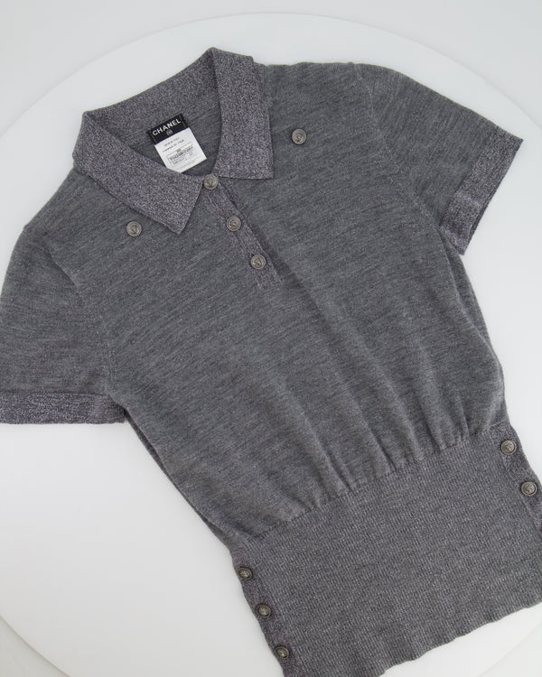 Chanel 08A Grey Two Piece Cashmere Detachable Top and Cardigan Set with Silver Metallic Details Size FR 40 (UK 12)