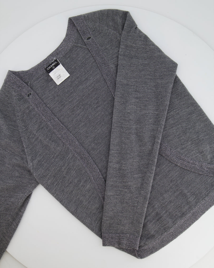 Chanel 08A Grey Two Piece Cashmere Detachable Top and Cardigan Set with Silver Metallic Details Size FR 40 (UK 12)