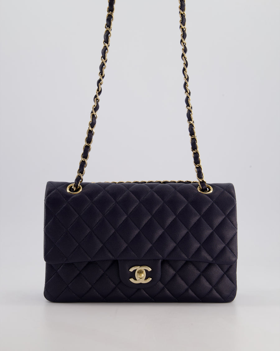 *HOT* Chanel Midnight Blue Classic Medium Double Flap Bag in Caviar Leather with Champagne Gold Hardware
