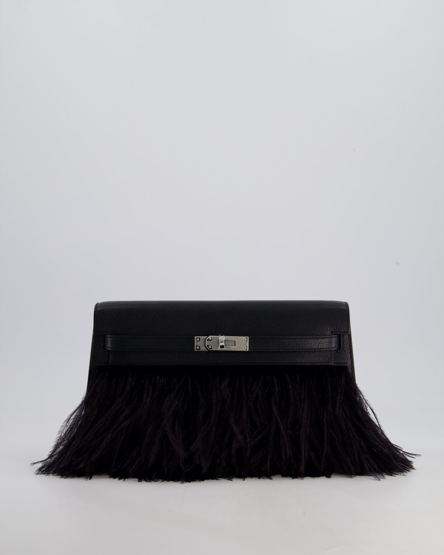 *EXTRA RARE* Hermès Kelly Elan Folie Bag in Noir Chevrè Chamkila Leather with Ostrich Feathers and Palladium Hardware